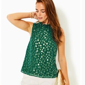 Lilly Pulitzer, NWTs sleeveless villa Green Metallic Dot Shell silk Top